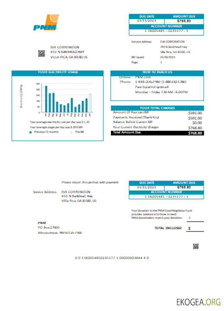 Facture commerciale de services publics facile à remplir PNM du Nouveau Mexique, SCR